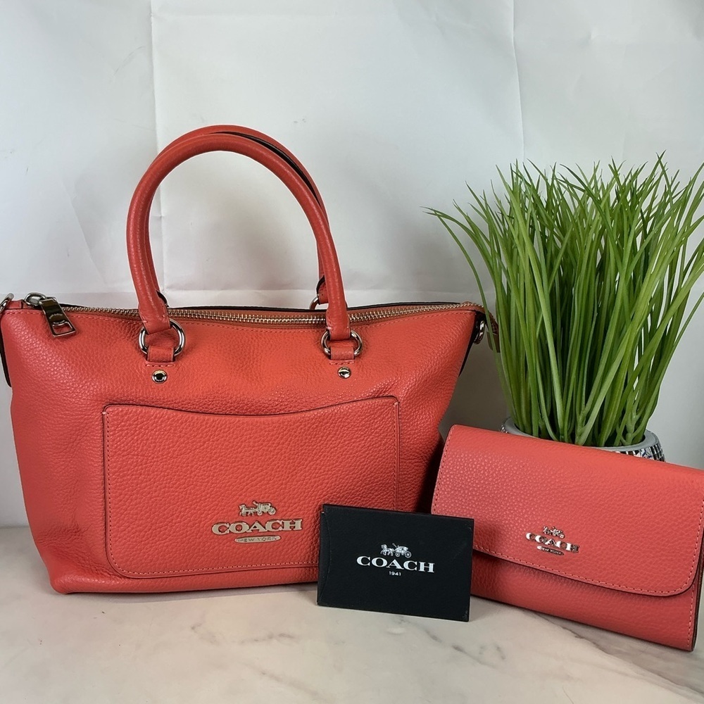 Coach Mini Emma Pink Coral Leather Satchel and‎ Wallet Hand Bag Set